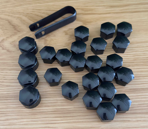 Cache-boulons noir brillant 17 mm – Kit complet (22 + 4 antivol + pince)